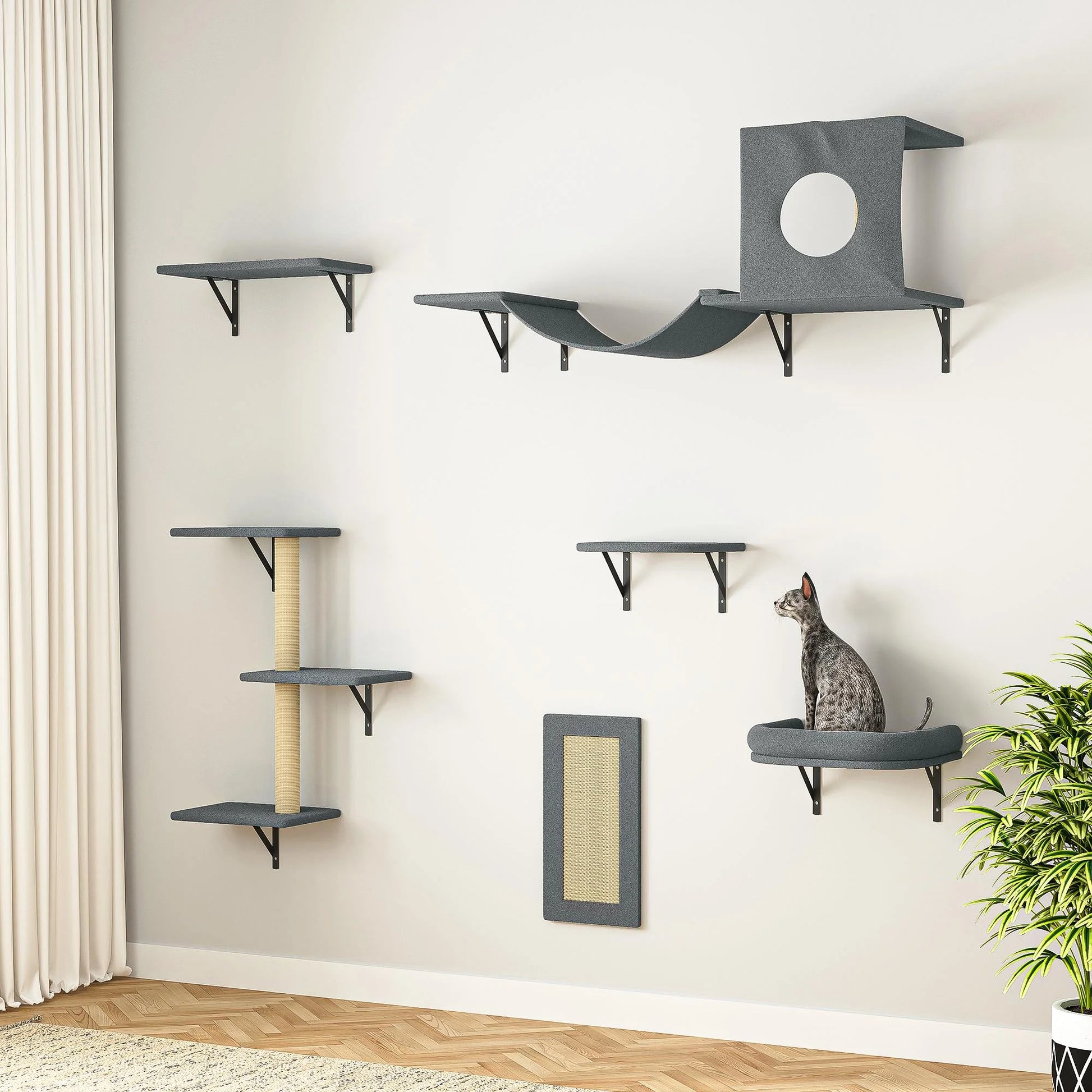 Cat Wall Shelves and Perches Set of 5, Sleeping Playing Lounging Climbing Cat Tree House for Multiple Cats, Beige