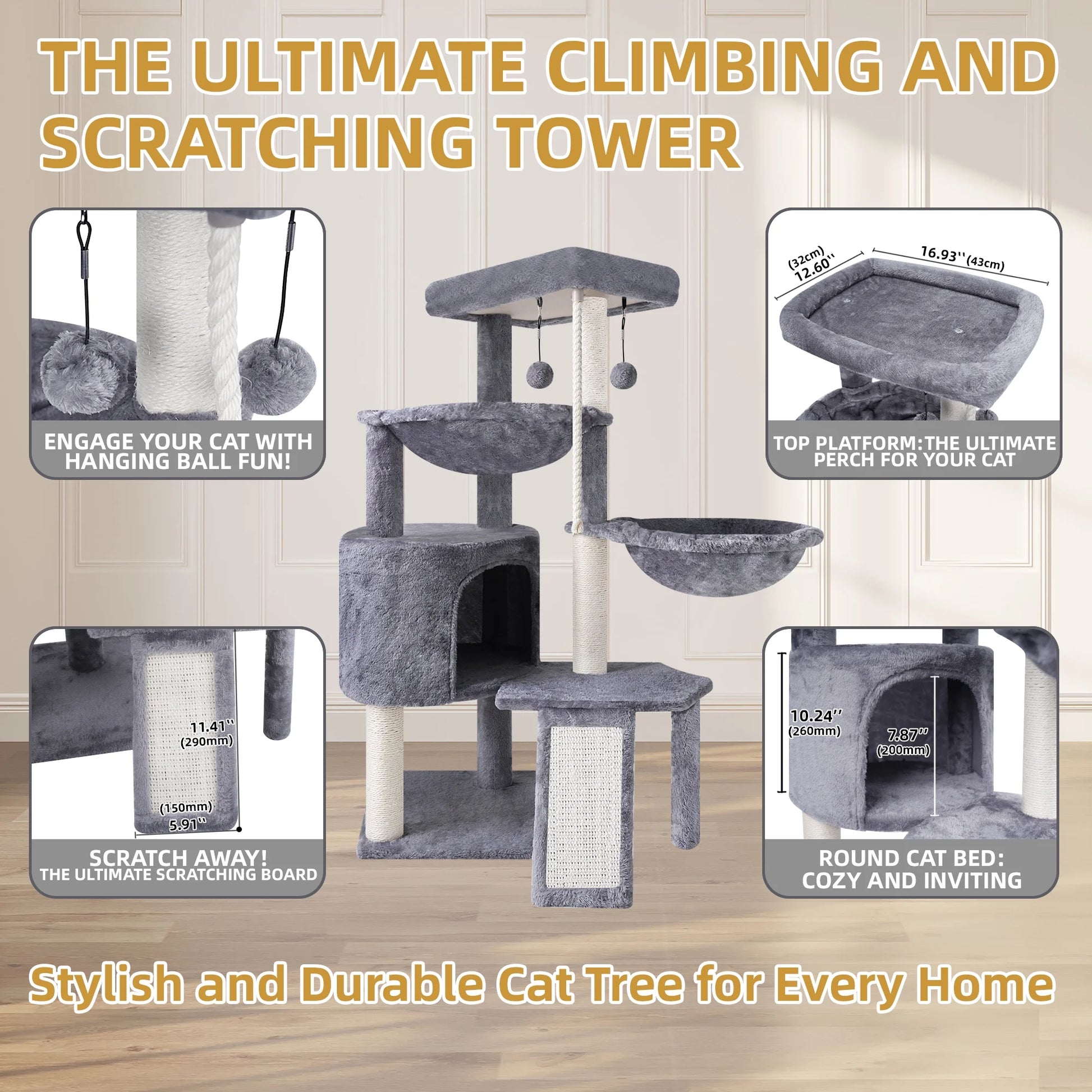 37.4'' Cat Tree Cat Tower with Scratching Posts, Activity Centre Climbing Tree Cat Furniture with Cat Condo and Two Hammocks, Grey