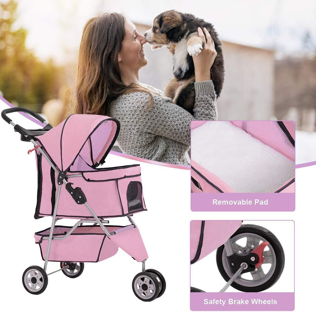 3 Wheels Pet Stroller Dog Stroller Cat Cage Jogger Stroller Cats Travel Folding Carrier Waterproof Puppy Stroller with Cup Holder & Removable Liner (Pink)