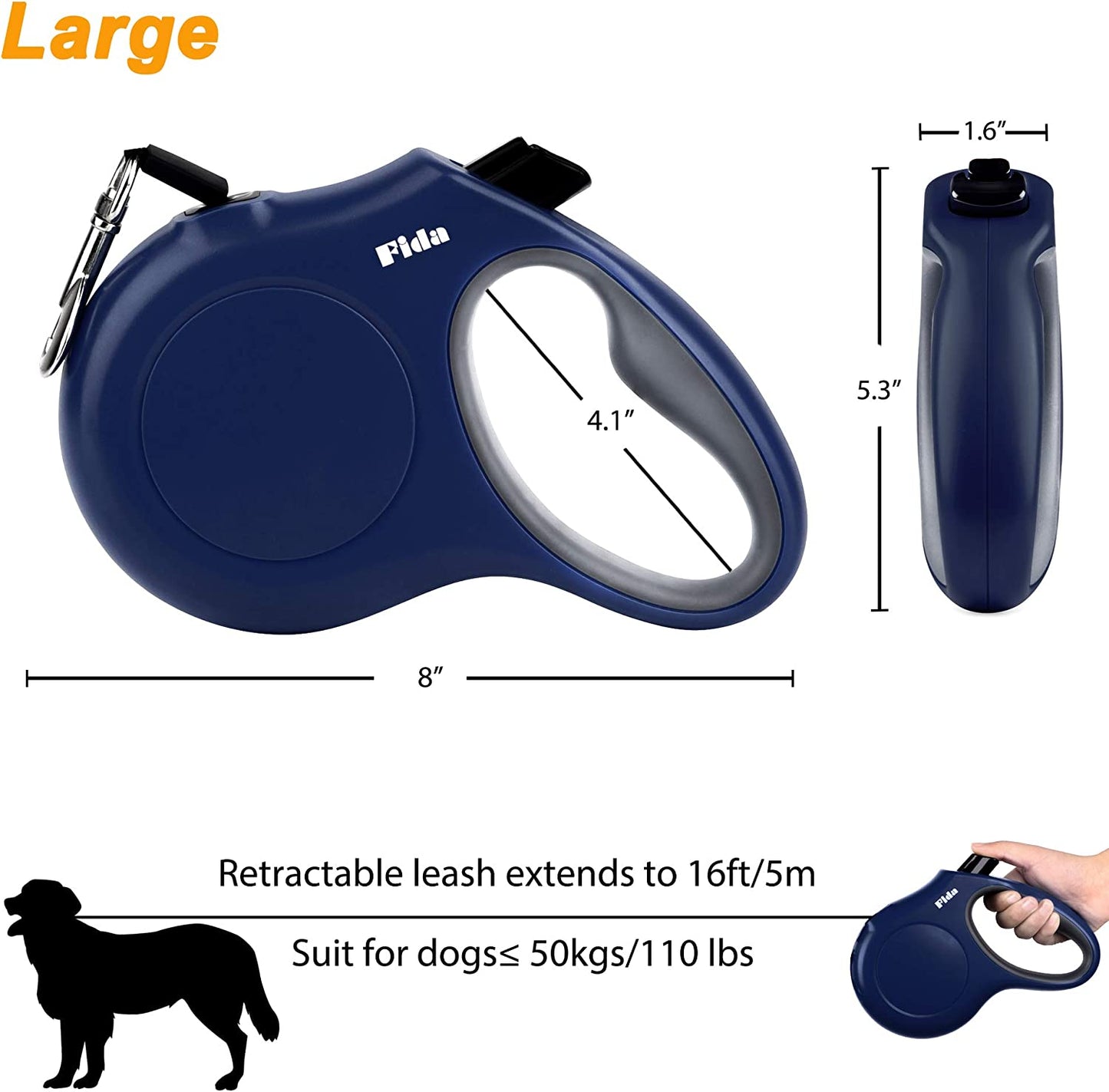 Retractable Dog Leash with Dispenser and Poop Bags, 16 Ft Pet Walking Leash for Large Dog up to 110 Lbs, Anti-Slip Handle, Tangle Free, Reflective Nylon Tape (L, Navy Blue)